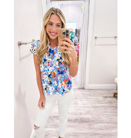 Spotted /Floral Ruffle Sleeves Top - Blue