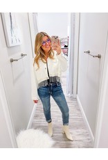 Rhinestone Fringe Cropped Denim Jacket - Ivory