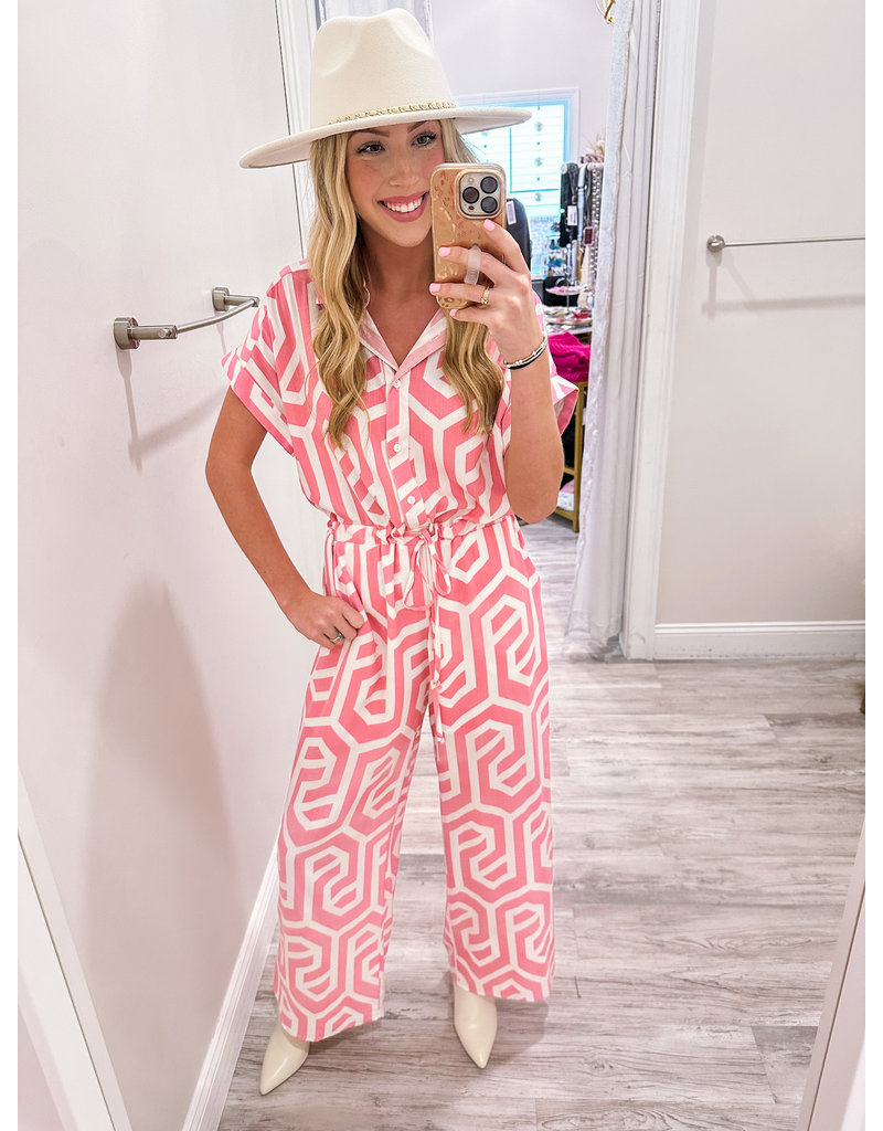 Geo Print Tie Waist Jumpsuit