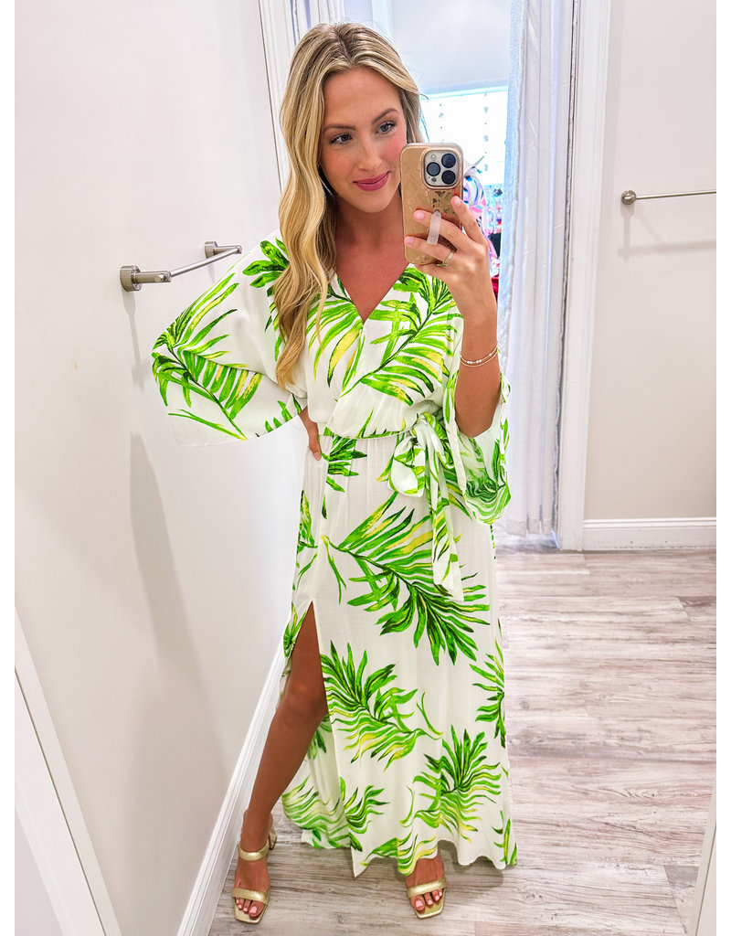 Slit Detail Tropical Leaves Dress - Green