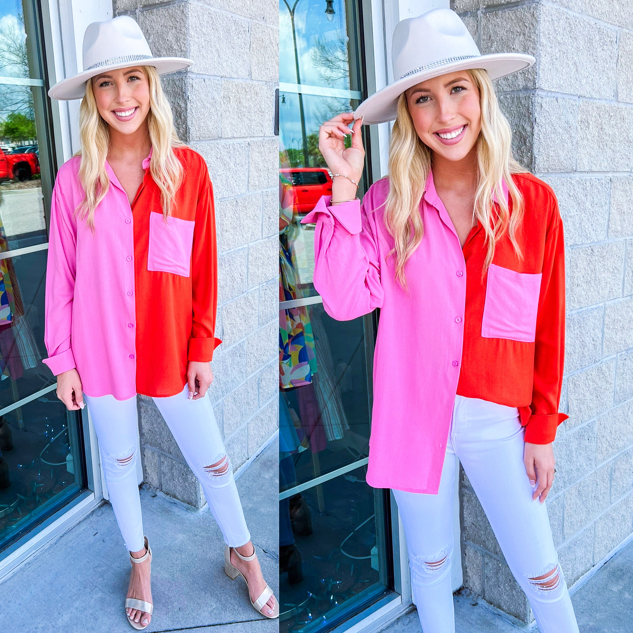 Half & Half, Color Block Shirt Dress - Pink/ Orange