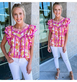 Contrast Pipe Floral Top - Pink