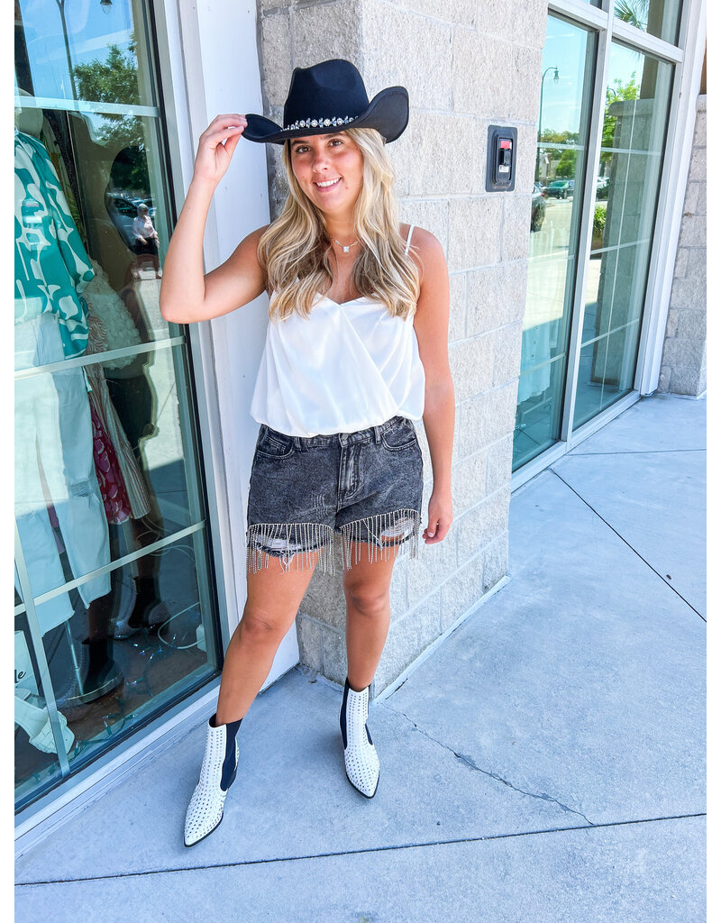 Rhinestone Fringe Denim Shorts  - Black