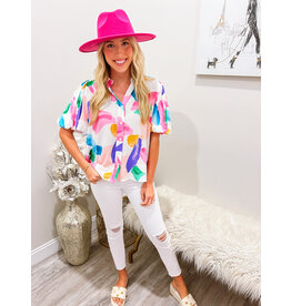 Puff Sleeves Abstract Button Down Shirt - Pink