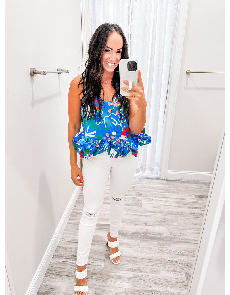 Bubble Hem Floral Top - Blue