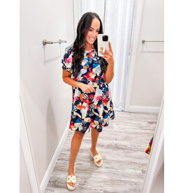 Abstract Floral Smocked Detail Dress - Navy