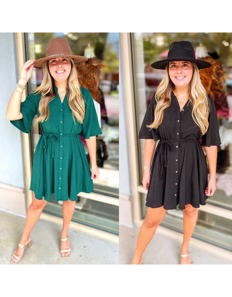 Braided Belt Flowy Button Down Dress