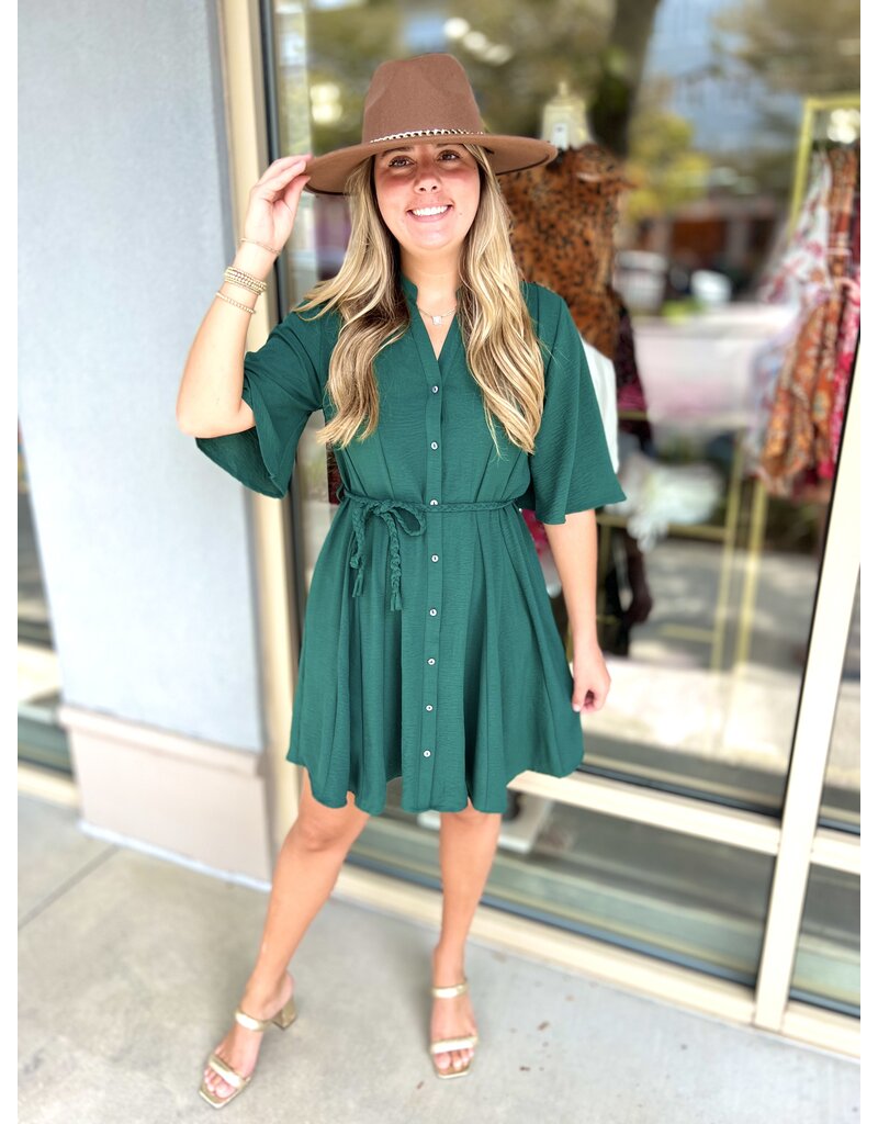 Braided Belt Flowy Button Down Dress