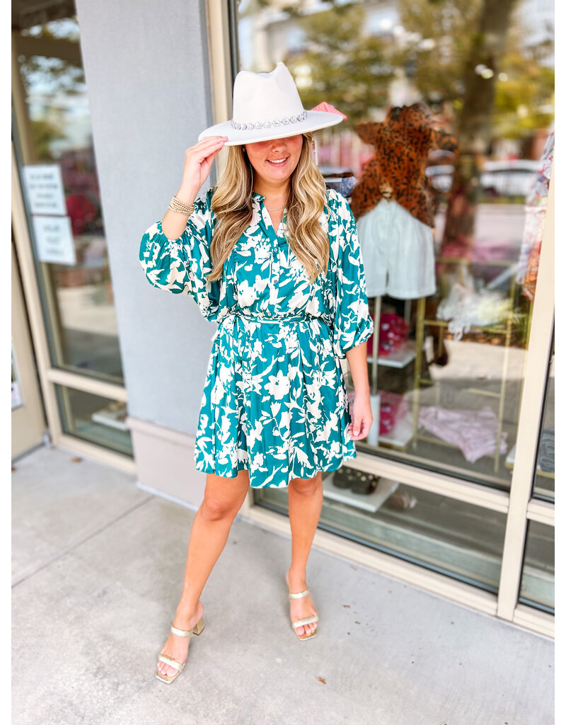 Abstract Floral Button Up Dress - Teal