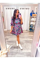 Tie Waist Floral Dress - Navy