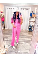 Corduroy Belted Jumpsuit - Hot Pink