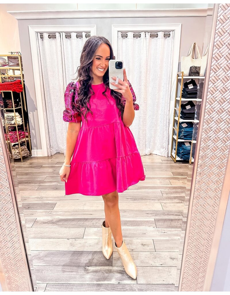 Sequin Sleeves French Terry Dress - Fuchsia