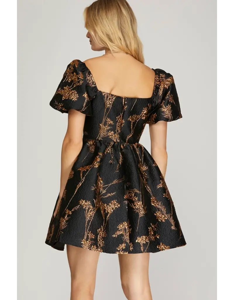 Metallic Floral Jacquard Dress - Black