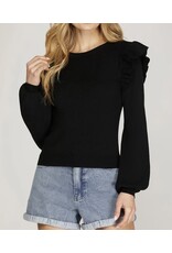 Ruffle Shoulders Lightweight Sweater