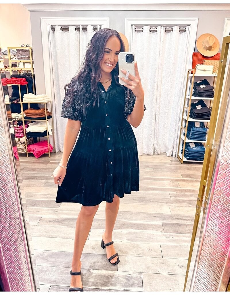 Sequin Puff Sleeves Velvet Button Down Dress