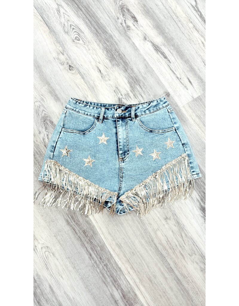 Star Patch Sequin Fringe Denim Shorts