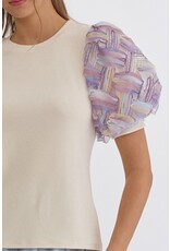 Abstract Tulle Sleeves Textured Top - Cream