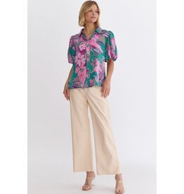 Puff Sleeves Tropical Floral Button Down Top - Pink/Green