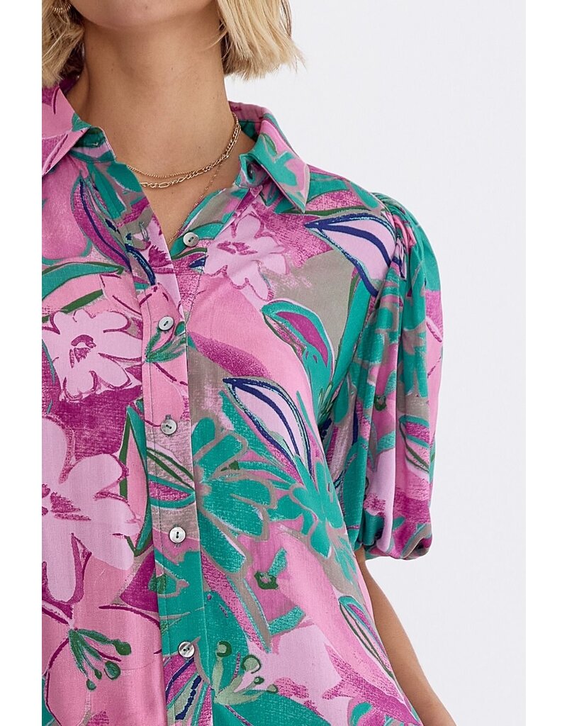 Puff Sleeves Tropical Floral Button Down Top - Pink/Green
