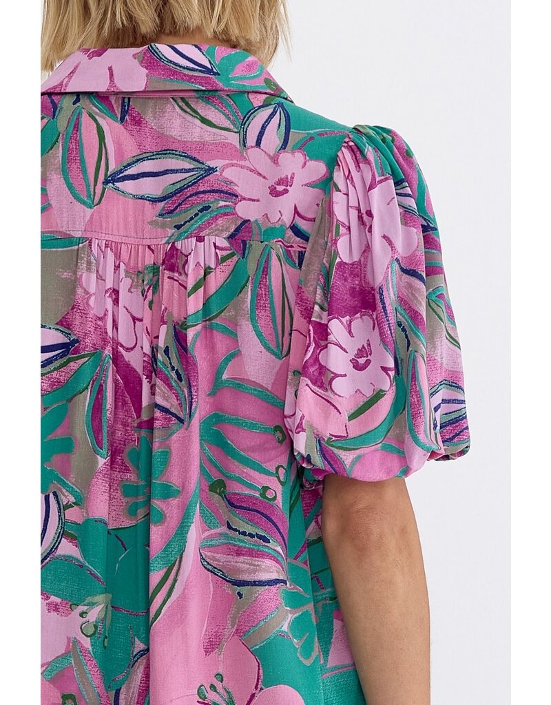 Puff Sleeves Tropical Floral Button Down Top - Pink/Green