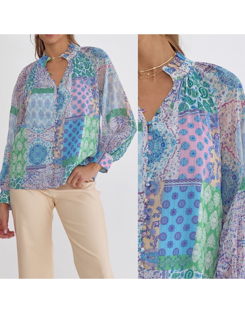 Mixed Paisley Button Down Top - Blue