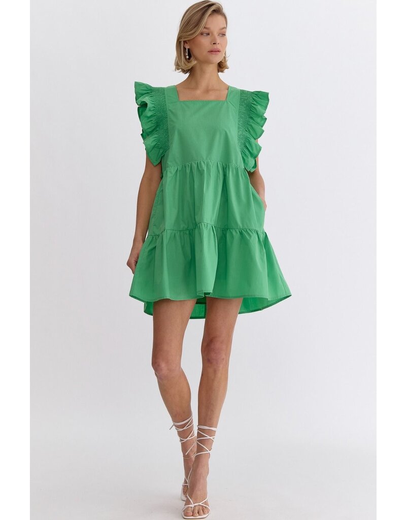 Square Neckline Ruffle Sleeves Dress - Kelly Green