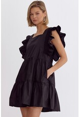 Square Neckline Ruffle Sleeves Dress - Black