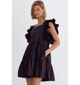 Square Neckline Ruffle Sleeves Dress - Black