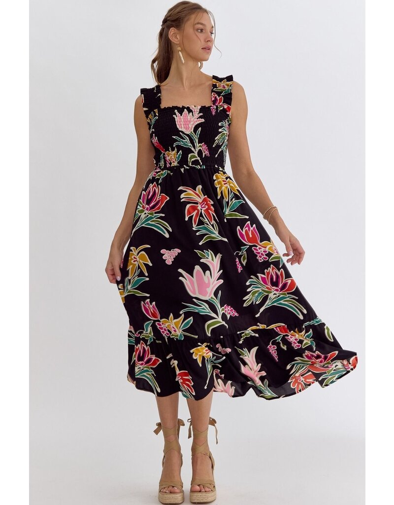 Smocked Bodice Floral Midi Dress - Black