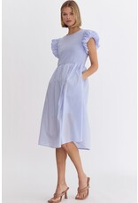 Ribbed/Cotton Puff Sleeves Midi Dress - Chambray