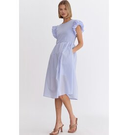 Ribbed/Cotton Puff Sleeves Midi Dress - Chambray