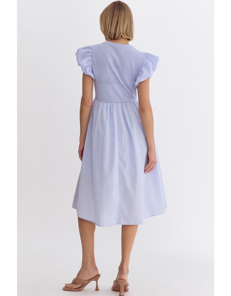 Ribbed/Cotton Puff Sleeves Midi Dress - Chambray