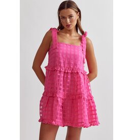 Tie Shoulders Waffle Tiered Dress - Hot Pink