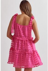 Tie Shoulders Waffle Tiered Dress - Hot Pink