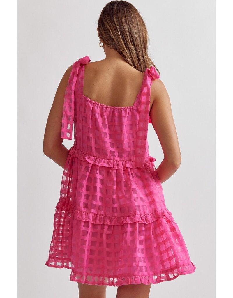 Tie Shoulders Waffle Tiered Dress - Hot Pink