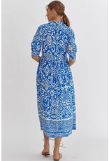 Paisley Aztec Button Up Midi Dress - Blue