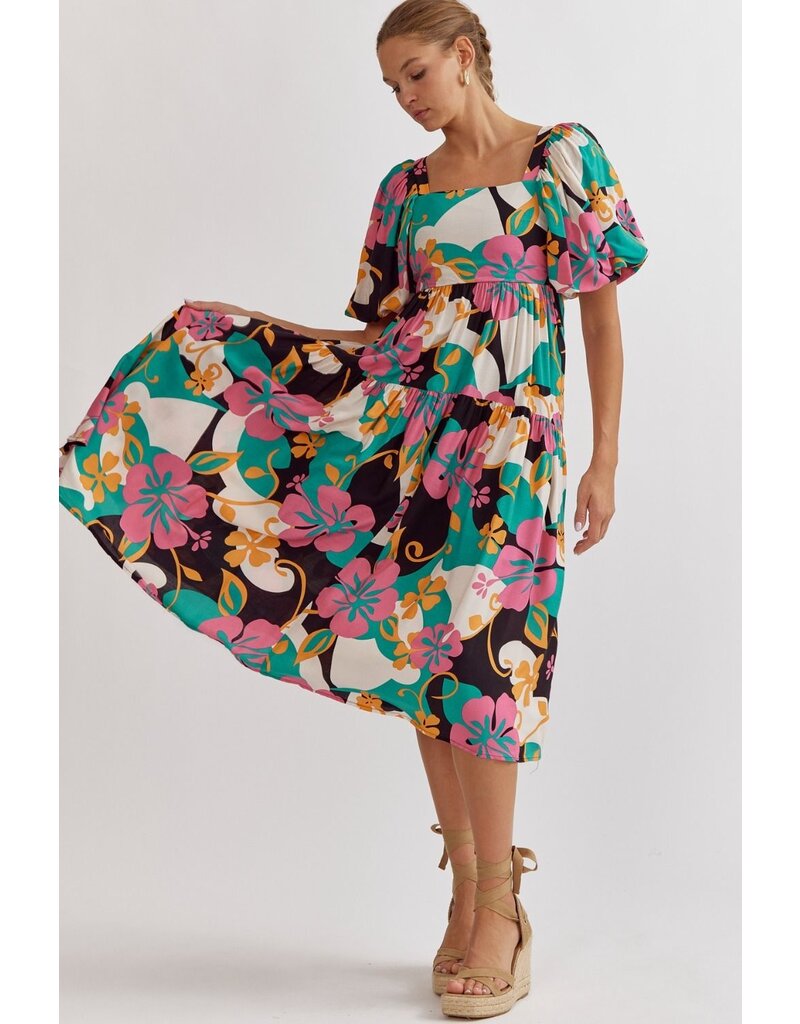 Puff Sleeves Floral Midi Dress