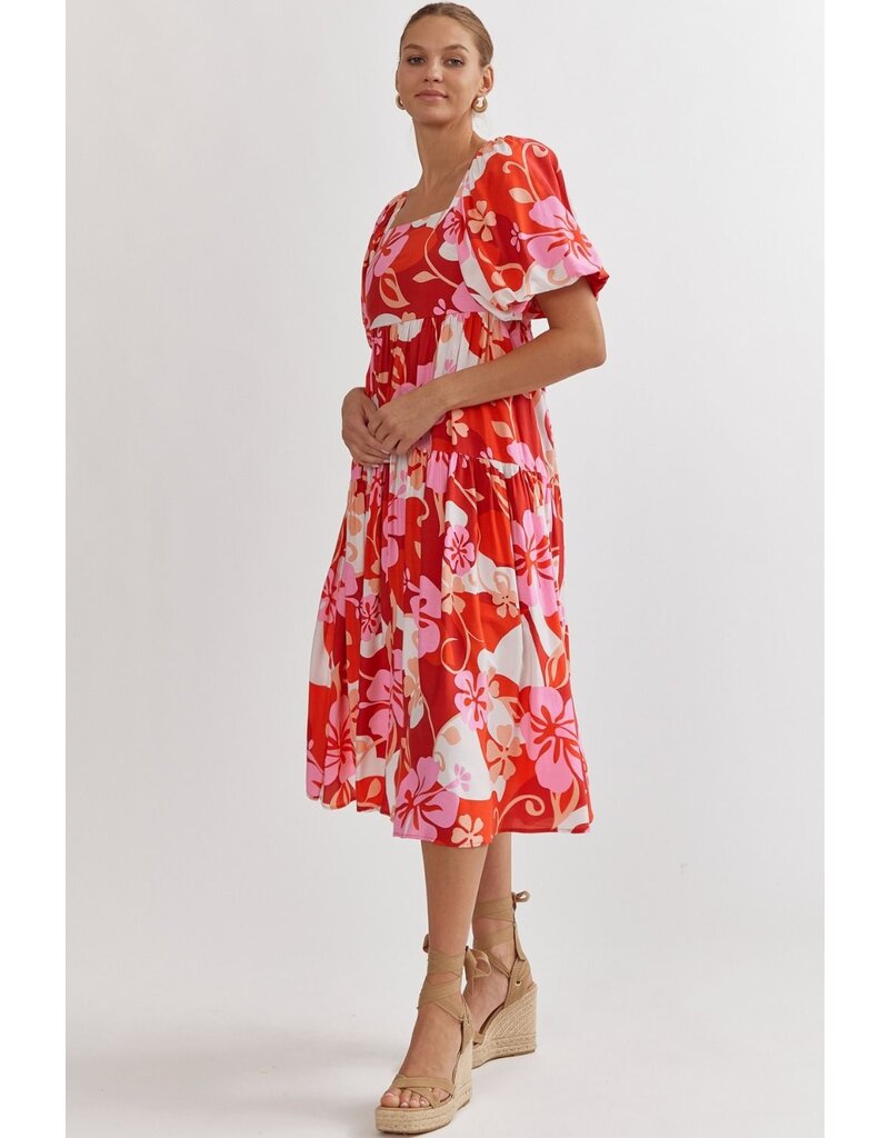 Puff Sleeves Floral Midi Dress