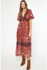 Puff Sleeves Floral Maxi Dress - Rust