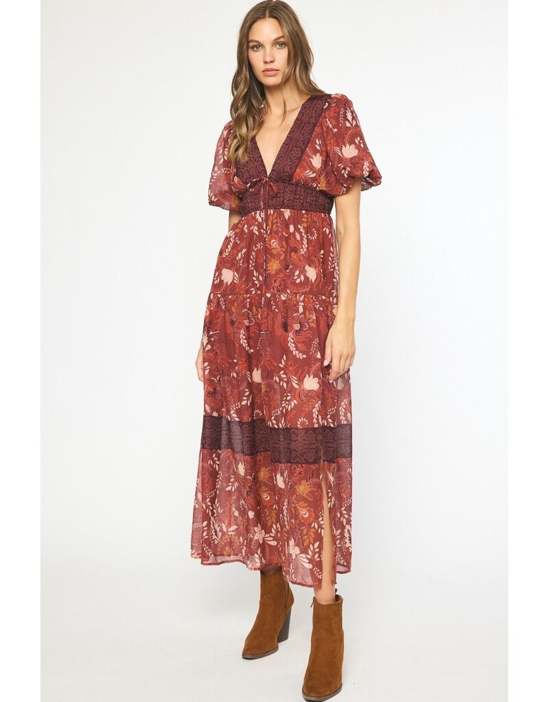 Puff Sleeves Floral Maxi Dress - Rust