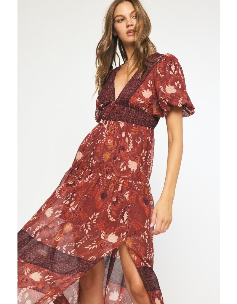 Puff Sleeves Floral Maxi Dress - Rust