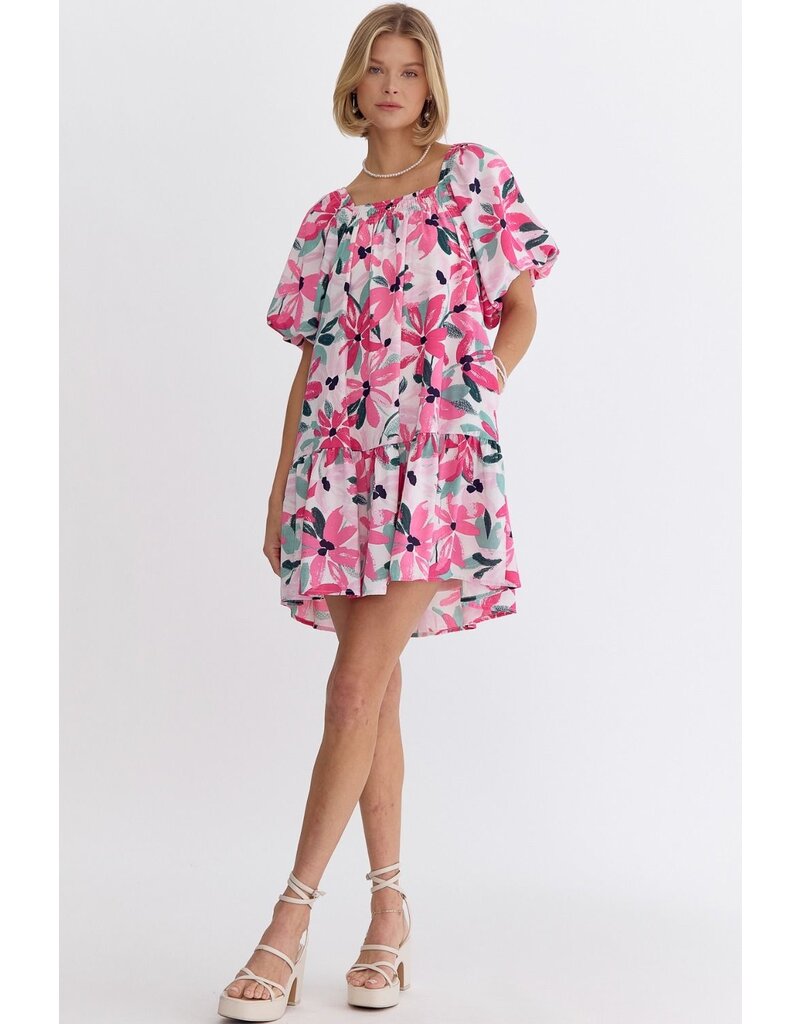 Square Neckline Floral Dress - Pink