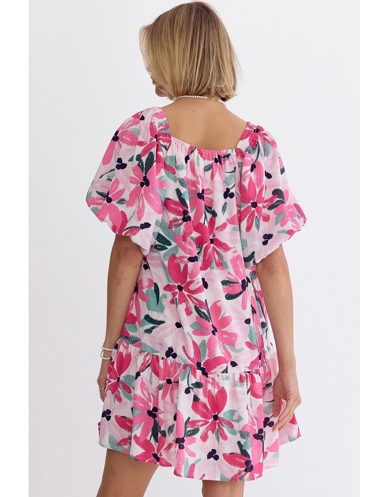 Square Neckline Floral Dress - Pink
