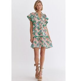 Leaf Print Trim Detail Dress - Green/Peach