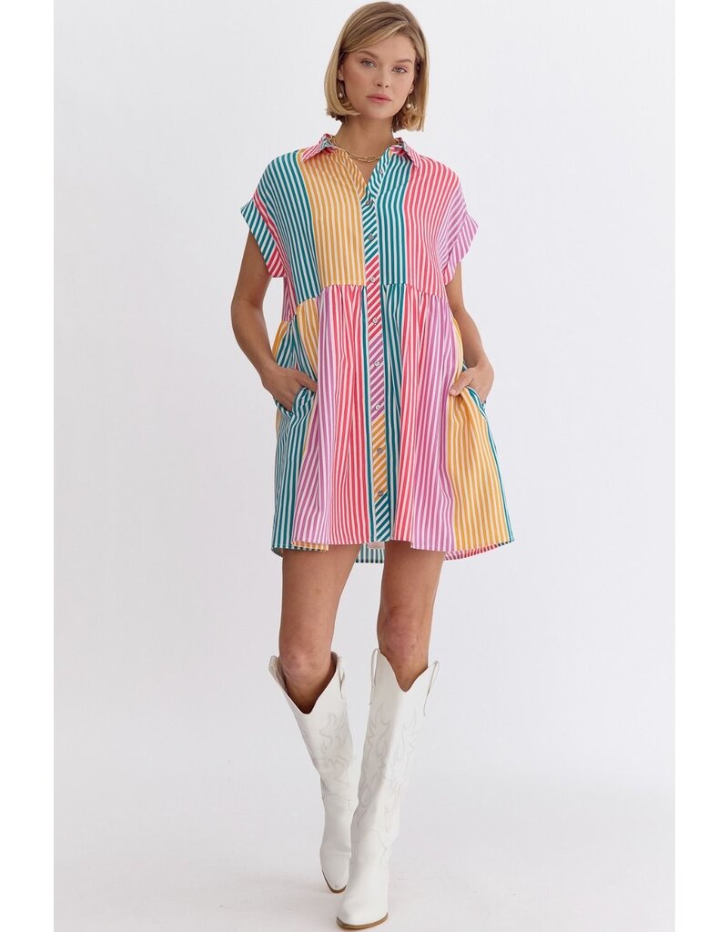 Color Block Striped Button Down Dress - Jade