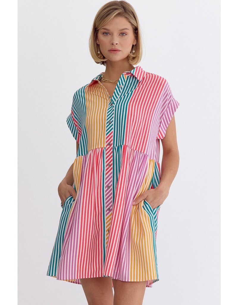 Color Block Striped Button Down Dress - Jade