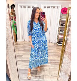 Paisley Aztec Button Up Midi Dress - Blue