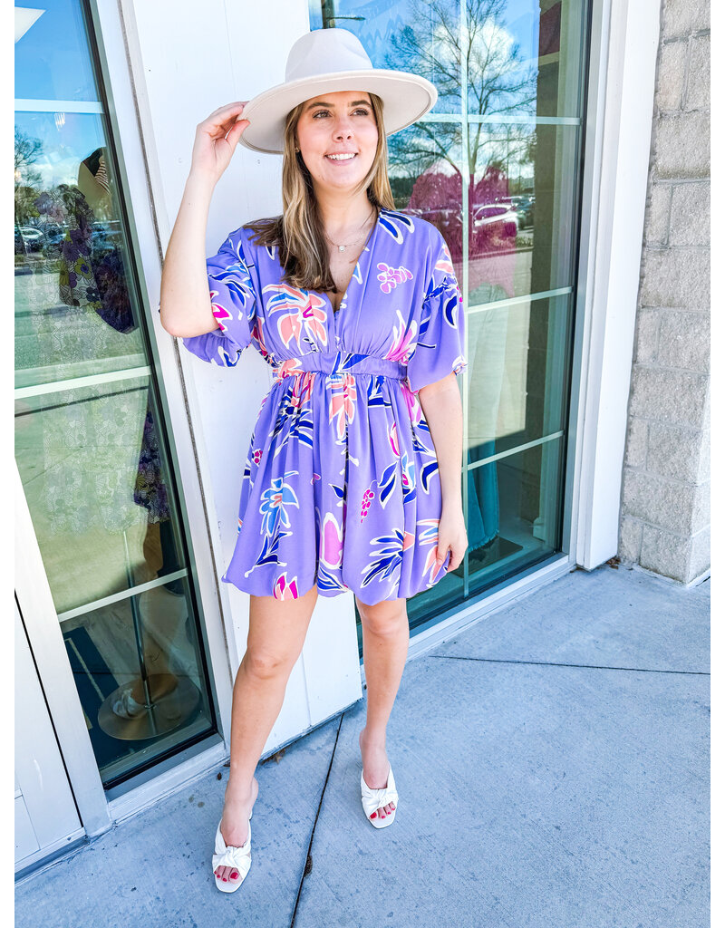 Puff Sleeves Bubble Floral Dress - Lavender