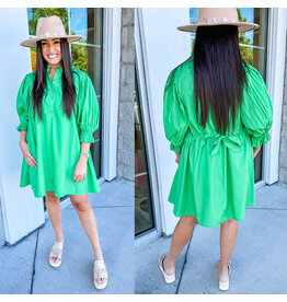 Pleated Sleeves Tie Back Dress - Green