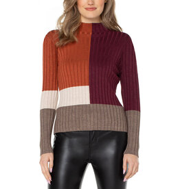 Liverpool Los Angeles Liverpool Mock Neck Pullover Sweater w/ Colorblock Burgandy/Rust